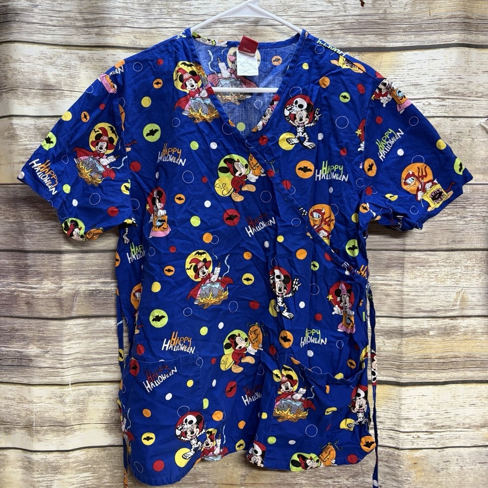 Disney Halloween Scrub Shirt Womens Medium Blue Mickey Minnie Mouse MK39A962